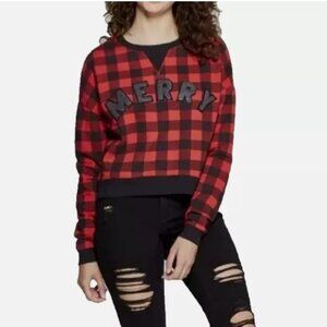 Fifth Sun Buffalo Plaid ‘MERRY’ Holiday Sweatshirt Red Black Cropped Top - SMALL